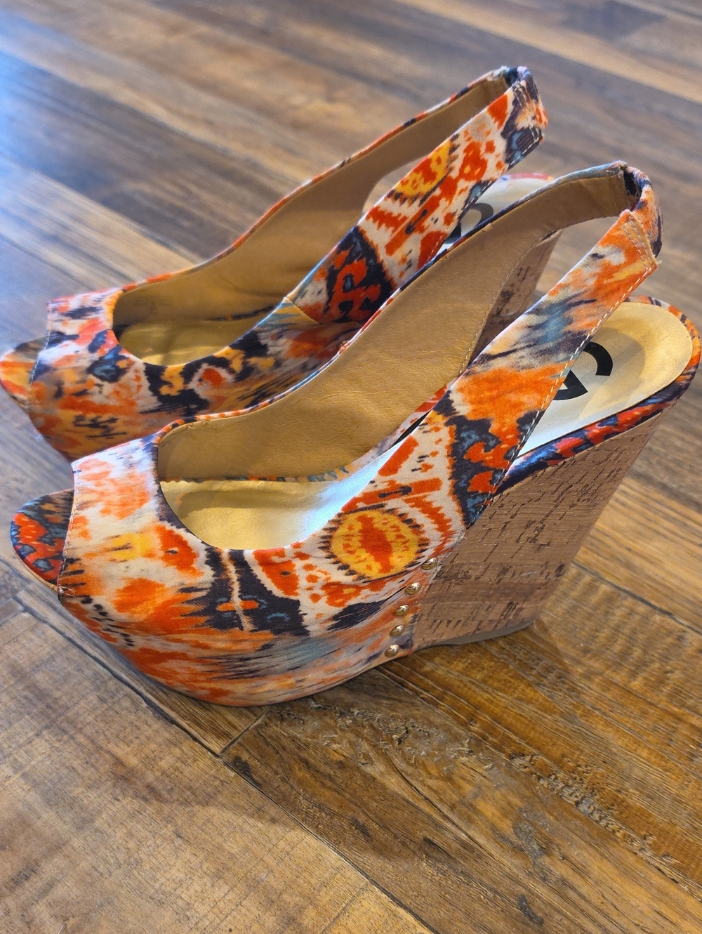 Guess Orange Multi-Print Cork Wedge Slingback Heels, Size 9M